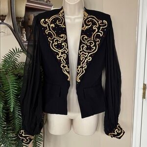 Vintage Jayna Black Evening Jacket Blazer w/ Gold Tone Embroidery Mesh Sleeves